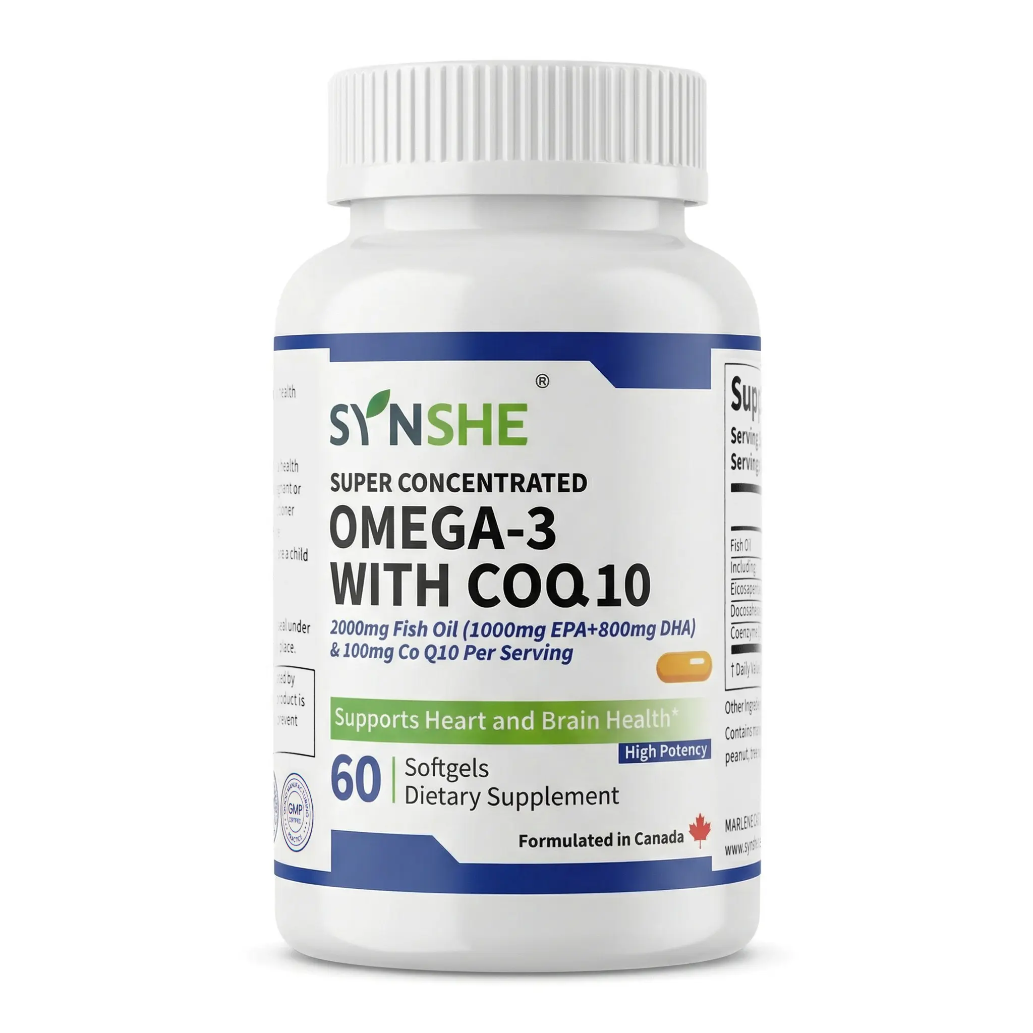 Synshe Omega 3 Fish Oil with CoQ10 | 2000mg High Purity Burpless Softgels | 1000mg EPA, 800mg DHA & 100mg Coenzyme Q10 for Daily Heart Health, Brain Function & Energy Support, 60 Count