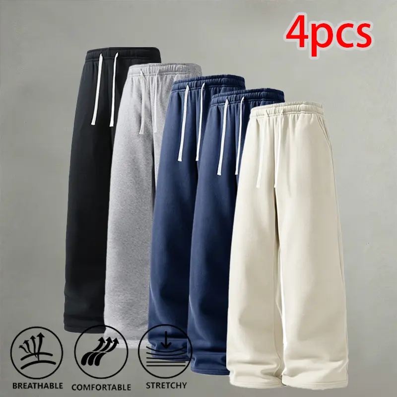 Loose solid-color straight athletic sweatpants, 4-pack — minimalist clean design, streetwear/dorm everyday wear, wide-leg long pants, versatile