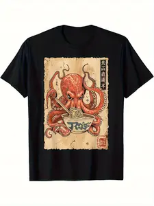 [Octopus Eating Ramen] Men's Funny Octopus Eating Ramen Graphic T-Shirt - Japanese Restaurant Decor - Lightweight Breathable Fabric Regular Fit Tee for Anime Conventions, Casual Outfits & Casual Attire - Machine Washable Funny Foodie Gift, Summer Clothing