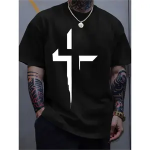 Men's Casual Black Cotton T-Shirt with Bold White Cross Print, Crew Neck, Slight Stretch, Regular Fit, Knit Fabric, 100% Cotton, Summer Casual Attire for Men