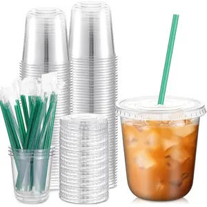 25 Set Plastic Cups with  and Straws, Disposable Plastic Iced Coffee Cup for Cold Beverage Juice Smoothie  for Coffee Shops Party Catering(Clear,12 oz)