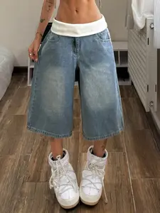 Low Waist Women's Street Punk Patchwork Denim Shorts, Bermuda Style, American Street Fashion, Streetwear, Casual for Travel
