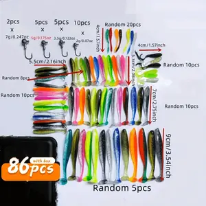 Takami 86pcs Soft Bait Kit with Lead Head Hooks, Dual Color T Tail, Small Sprite T Tail, Leaf Tail Bug, Spiral T Tail Lures, Artificial Fishing Lures, Fishing Gear Supplies for Freshwater & Saltwater Fishing