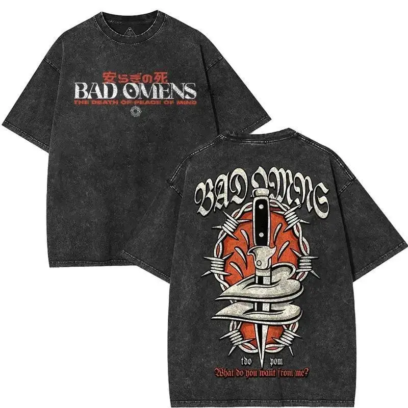 Men's Retro Bad Omens Graphic T-Shirt, Oversized Heavy Metal Washed Cotton Top, Chic Casual Short Sleeve Apparel for All Seasons, Shortsleeve, Clothes, Soft, Stylish, Affordable Fashion