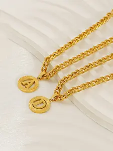 1 classic gold initial necklace, 14K gold-plated round letter pendant with hollow uppercase letter combinations, 5mm Cuban chain necklace, letters from A to Z, exquisite jewelry, suitable for both men and women, holiday gift