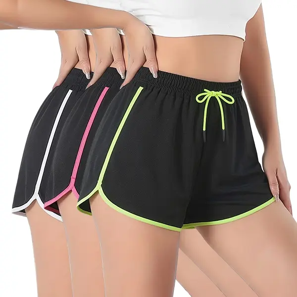 Women’s mid rise sports shorts, set of 3 — soft, smooth polyester fabric; side contrast color design; non restrictive elastic waistband; solid color casual wear for all seasons; breathable design; a fitness enthusiast’s essential.
