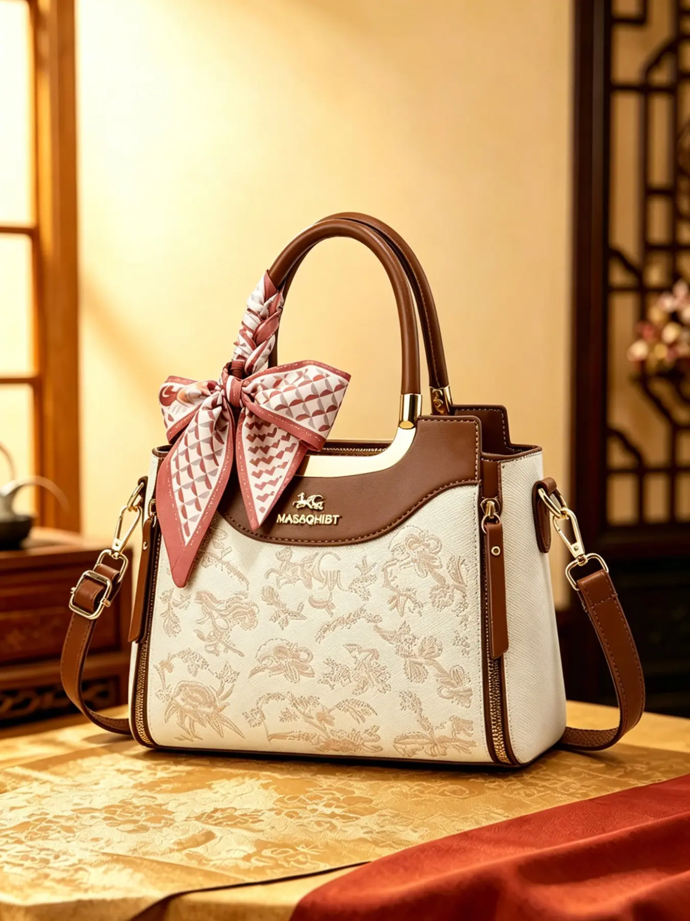 Women's Oriental Floral Jacquard Tote Bag, Block Crossbody Purse, Twilly Scarf Decor, Versatile Shoulder Bag for Daily Use, Convertible Shoulder Bags