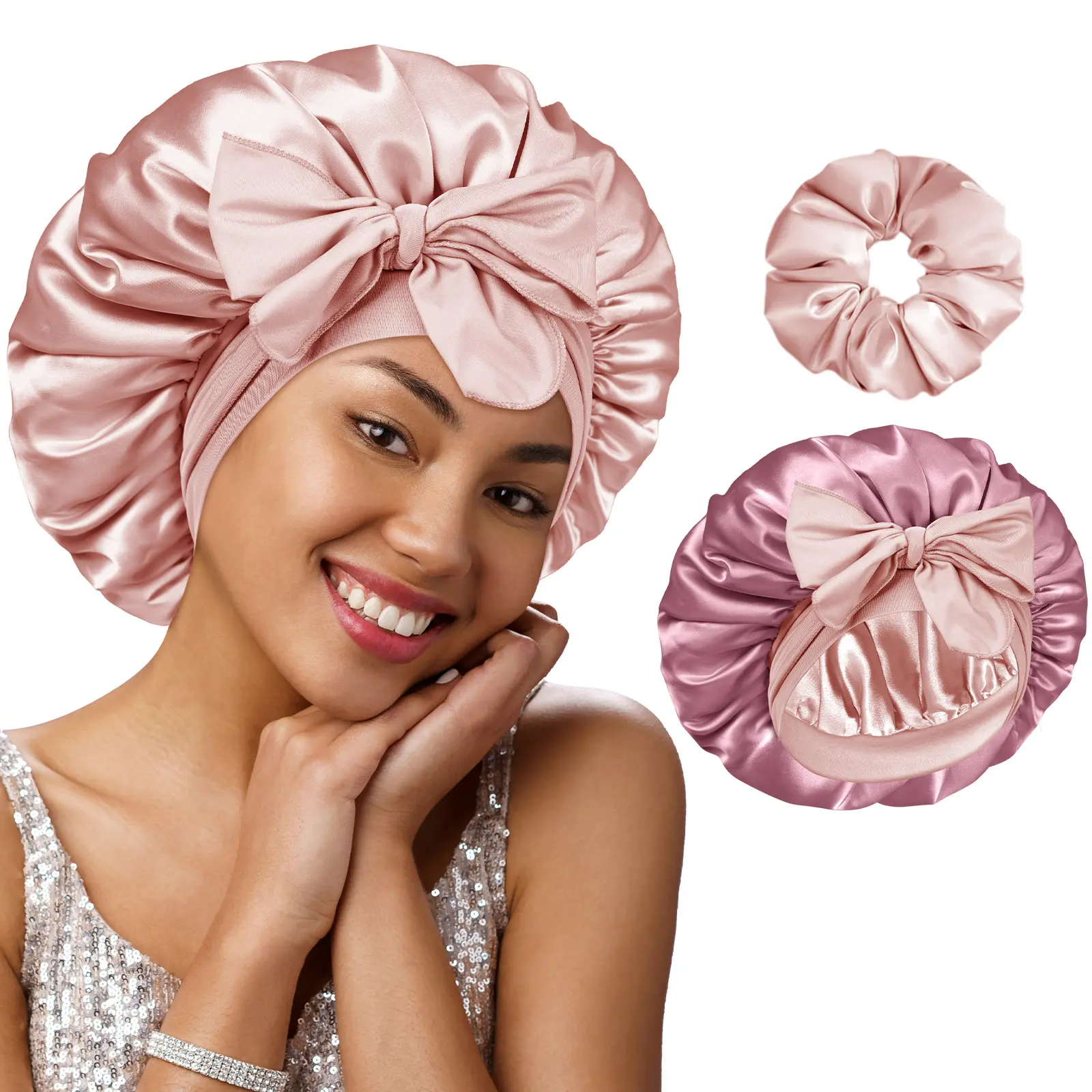 BONNET QUEEN Women's Satin Bonnet Hat for Curly Hair - Pink Champagne/Rose Gold, Hyaluronic Acid Double Filler, Adjustable Reversible Elastic Band with Scrunchie, Machine Washable Anti-Frizz Heatless Smooth Haircare Accessory Gift Idea summerwins,summerwi