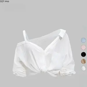 【Summervibes】Women Asymmetric Cold Shoulder Blouse, Collared Button Down 3/4 Sleeve Shirt, Soft Textured Fabric Clean Girl Chic Tops, Casual Elegant Ladies Apparel for Daily Wear, Beach Outing & Summer Vacation Travel