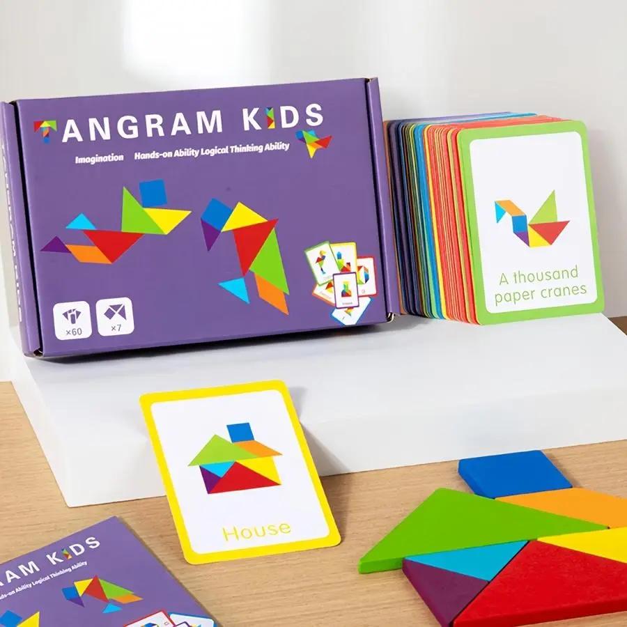 Colorful Wooden Tangram Puzzle - Color Boxed Tangram, Learning Toy for Enhancing Memory, Logic, Reverse Thinking Skills with Geometric Shapes, Numbers