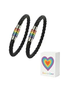 Pride Bracelet Set 2 Pcs, Leather Rainbow Enamel, Unisex Hand Chain, Casual Style, All Seasons, Lgbt Titanium Stainless Steel