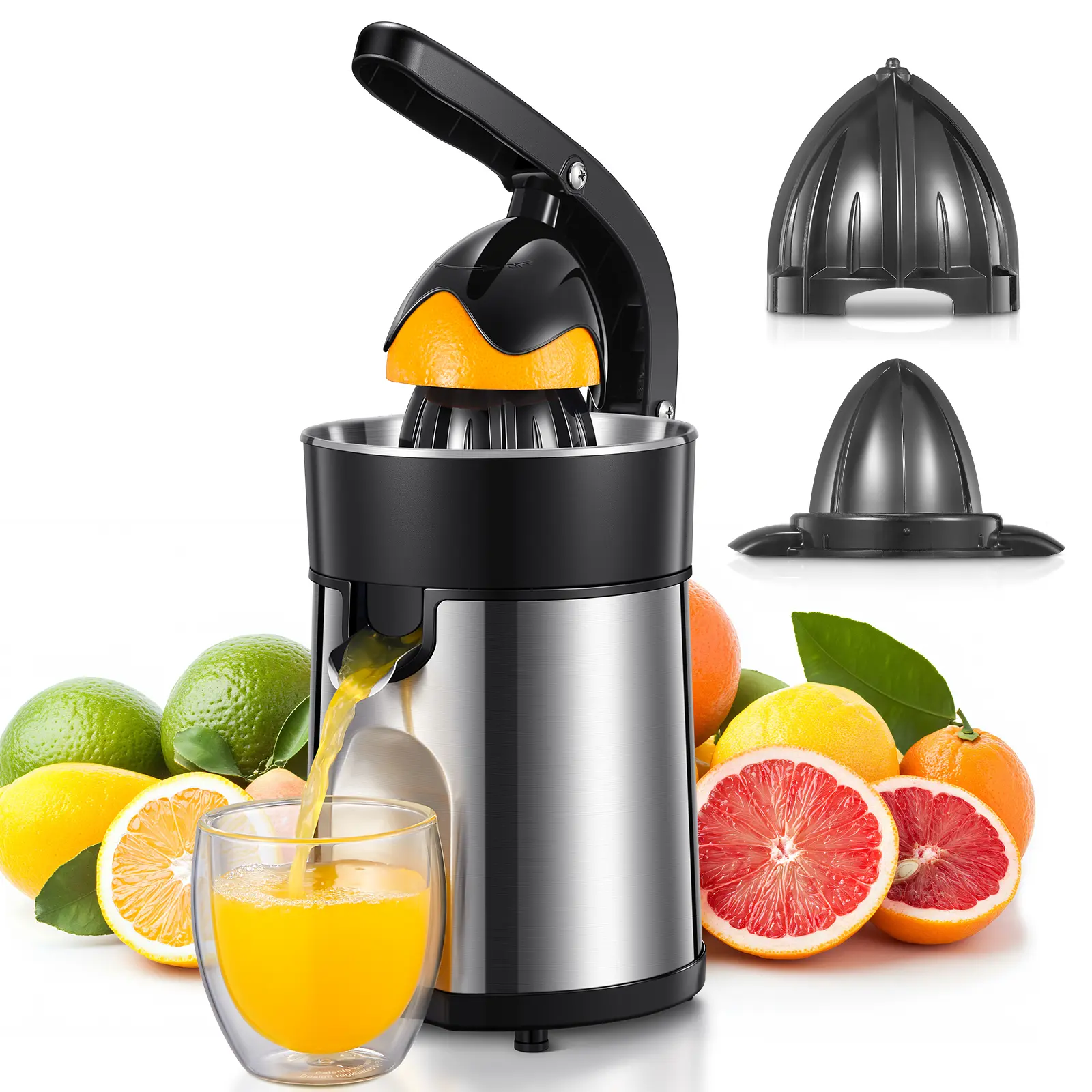 Brushed Stainless Steel Electric Citrus Juicer Squeezer (Black+Silver) - 2 Interchangeable Cones, Easy to Clean & Use, Suitable for Orange, Lemon, Grapefruit