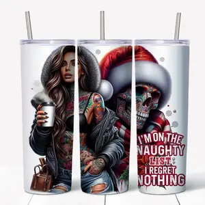 Naughty List Skinny Tumbler w/Sliding Lid and Straw- 20 Oz
