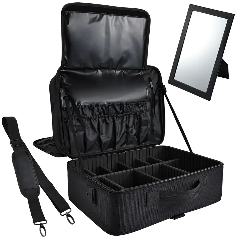 Joligrace Extra Large Makeup Case with Mirror 3 Layers Makeup Train Case Professional Makeup Organizer Box for MUA Travel Nail Cases Bag with Adjustable Dividers Shoulder Strap Trolley Sleeve