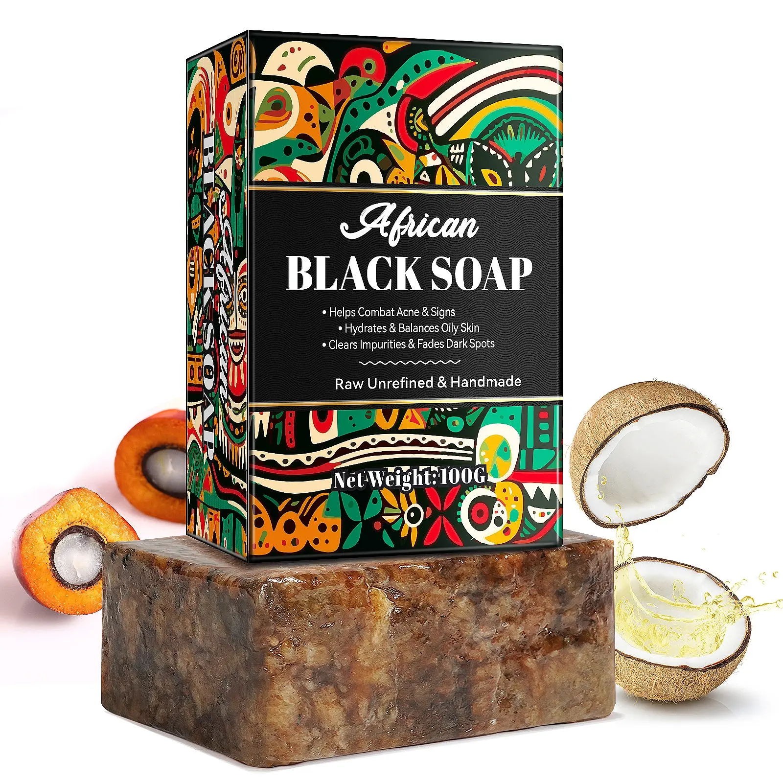 1 Count, IKZEE African Black Soap 100g, Enriched With Vitamins A, D, E, And K, Promotes Collagen Production, Moisturizes And Balances Oily Skin. This Soap Clears Impurities, Lightens Dark Spots, And Leaves Your Skin Smooth, Firm, Youthful, And Radiant.