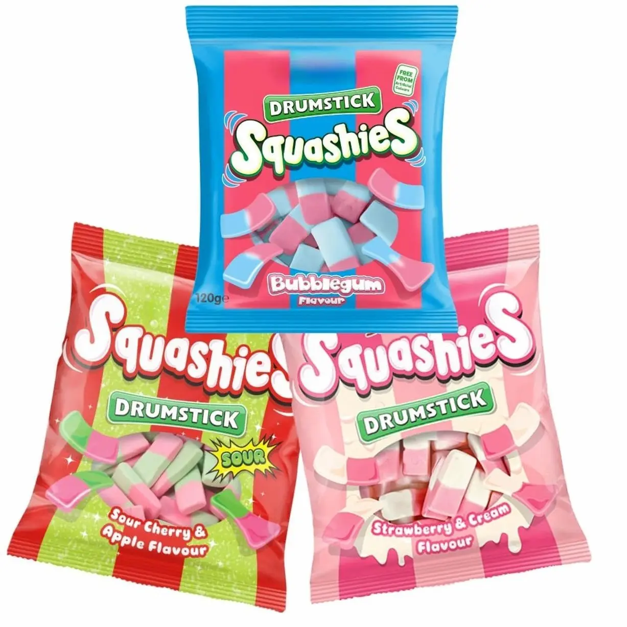 Squashie Drumstick Candy Variety Pack – 3-Pack Deal (120g Each) – Bubblegum, Sour Cherry & Apple, Strawberry & Cream – Imported from the UK
