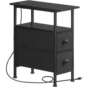 HOOBRO End Table with Charging Station, Narrow Side Table with 2 Fabric Drawers, Skinny Nightstand with Storage, Slim Bedside Table for Bedroom, Living Room, Small Spaces, Black