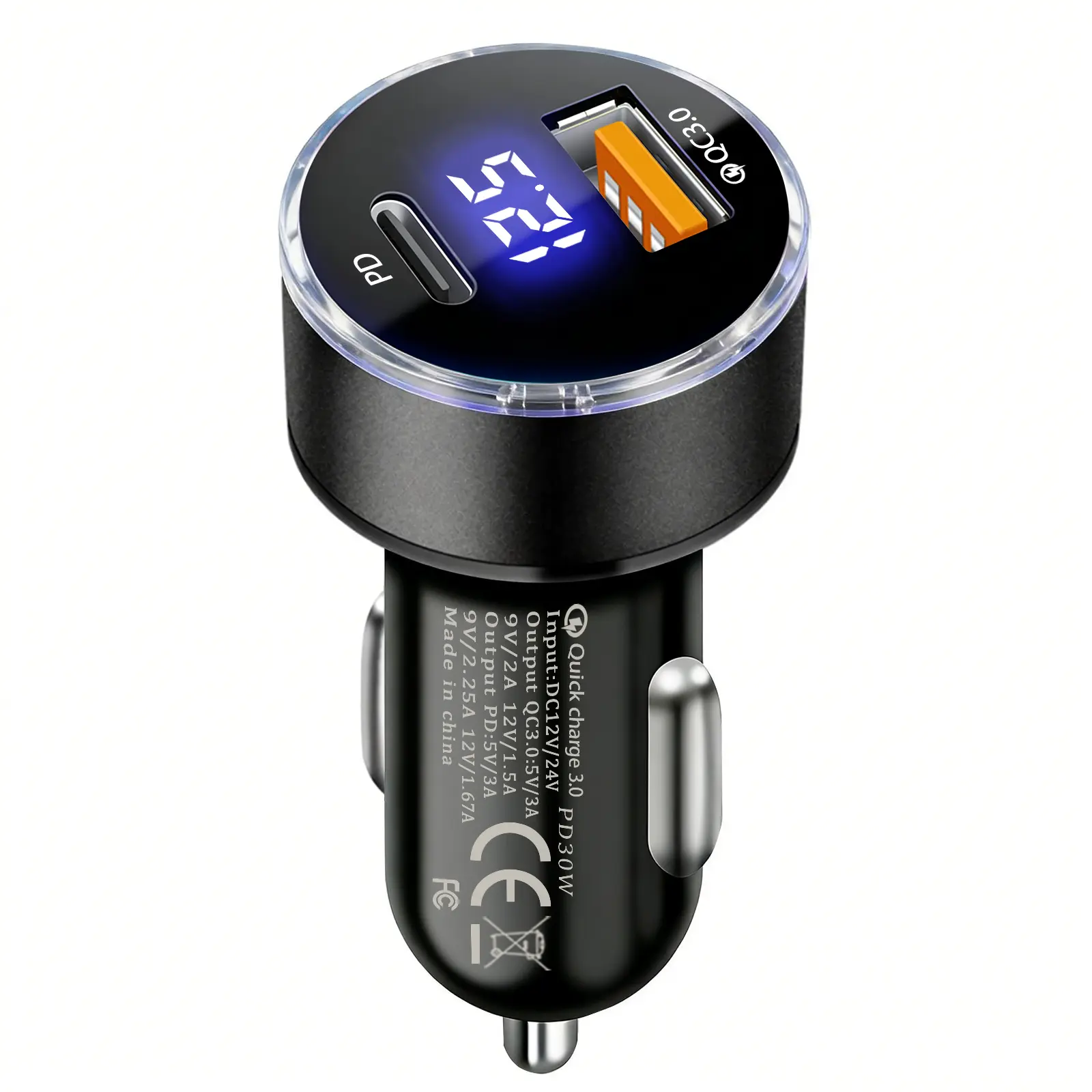 30W PD QC3.0 Dual-Port Car Outlet Adapter - USB Type-A Car Charger with LED Voltage Display, 30W PD Boost for Universal On-The-Go Phone Charging
