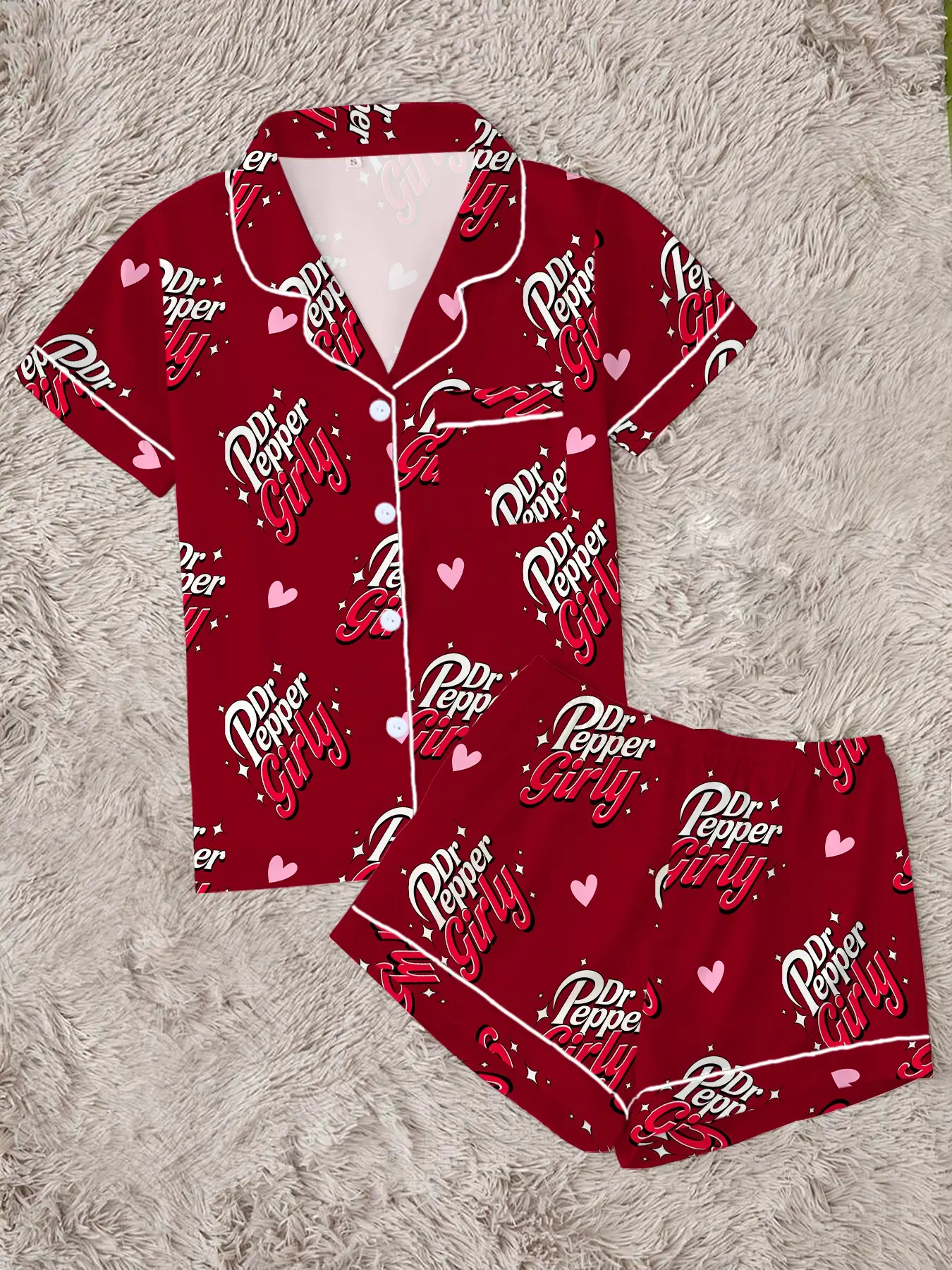 Women's Valentine Heart Pattern Print Pajama Set, Comfortable Fitted Two-Piece Sleepwear, Short Sleeve Lapel Button Top & Elastic Shorts, Casual Home Wear Loungewear, Cozy Matching Sleepwear, Pyjamas