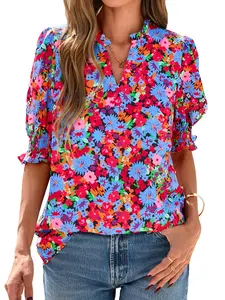Summer Blouses for Women Dressy Casual 2025 Spring Floral Boho Shirts V Neck Puff Short Sleeve Business Work Tops