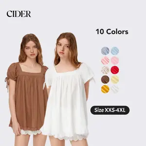 Cider Square Neck Solid Ruffle Knotted Short Sleeve Blouse-Women's Casual Daily Wear, Versatile for Spring/Summer/Autumn, Sweet Feminine Design, Figure-Flattering Relaxed Fit