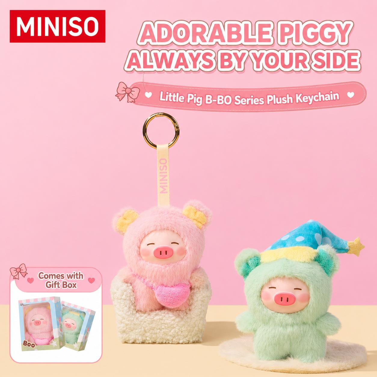 MINISO B-BO Series Kawaii Little Pig PVC Polyester Plush Key Charm - Unisex Cute Keychain, Ages 12+ Collectible Hanging Toy, Ideal for Gifting, Back to School Stuffed Accessory