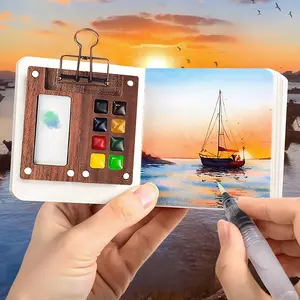 Mini Travel Watercolor Palette Set,Portable Wooden Artist Palette Sets with Colours, Book,Binder Clips,Pens,Wooden Paint Box,Reusable Paint Set for Painters Artists Student