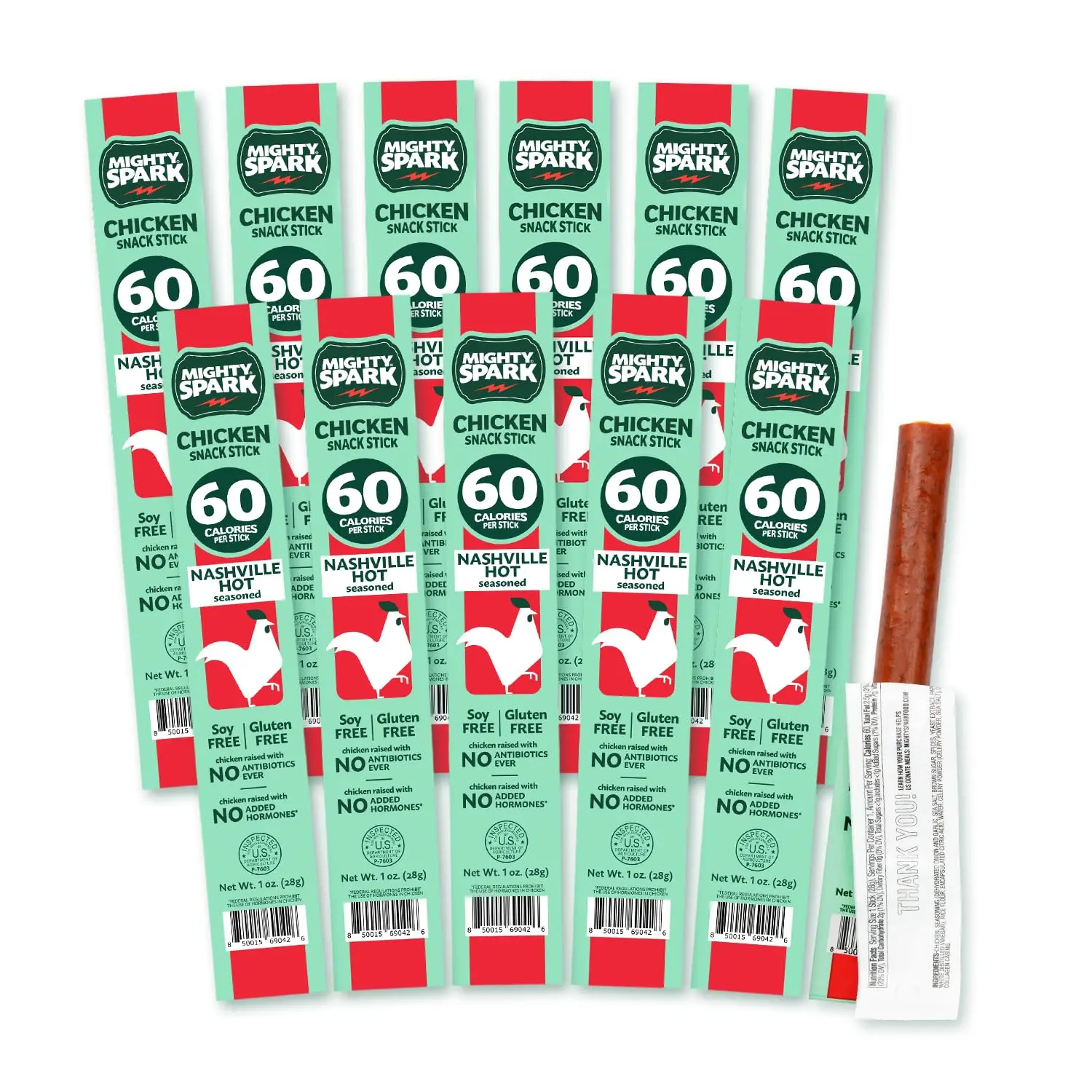 Mighty Spark Nashville Hot Chicken Snack Sticks - 6g Protein, No Antibiotics, No Hormones, Gluten-Free, Soy-Free, Keto, Weight Watchers Approved - 12 Count High-Protein Meat Snacks