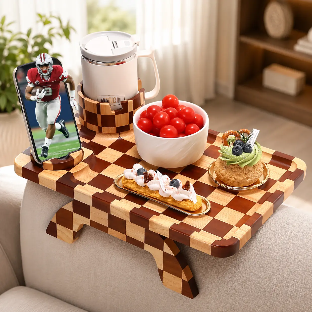 Wood Sofa Arm Tray Table - Foldable Round Couch Side Table with 360° Rotating Phone Holder (Fits 3.5''-13'' Arm Width), Cup Holder for Living Room Home Use (Eating, Drinking)Independence Day Party Gathering