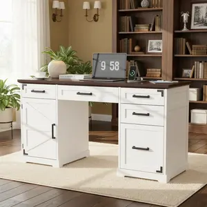 VOWNER 55" Farmhouse Executive Desk, Computer Desk with Drawers and Cabinet, Home Office Desk with Charging Station, Letter/A4 File Drawer, Wood Desk with Storage for Work Study Writing, White