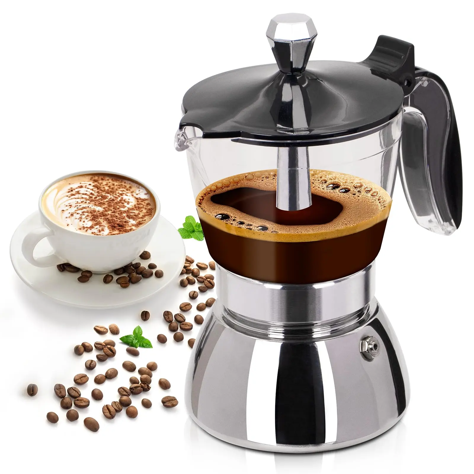 Clear Plastic Moka Pot 6 Cup 300ml Stainless Steel Coffee Maker Uncoated Stovetop Espresso Coffeemaker Italian Classic Style Brewing Greca Cafe Mocha Machine For Cafeteras Camping Travel Home Use