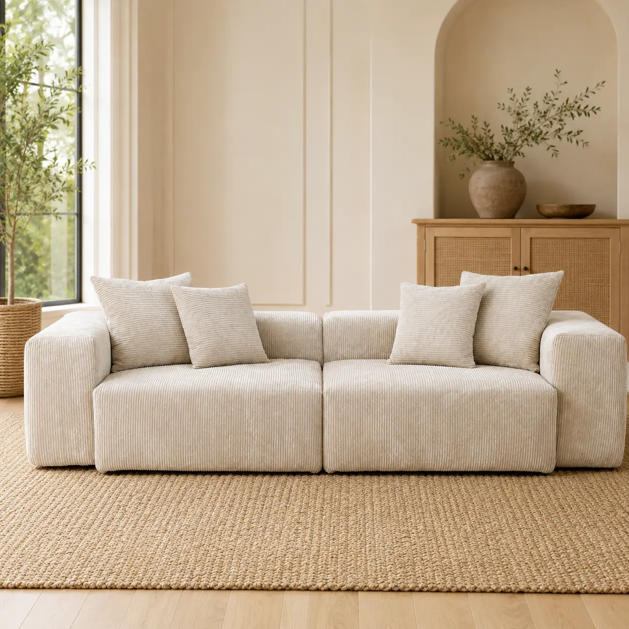 Modern Beige Modular Corduroy Sofa, Deep Seat Sectional Couch with Removable Slipcovers, Matching Pillows & Ottoman for Living Room
