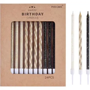 Gold, Black, White Long Thin Birthday Candles For Cake, Used in Birthday Parties, Wedding Decorations, Party Candles