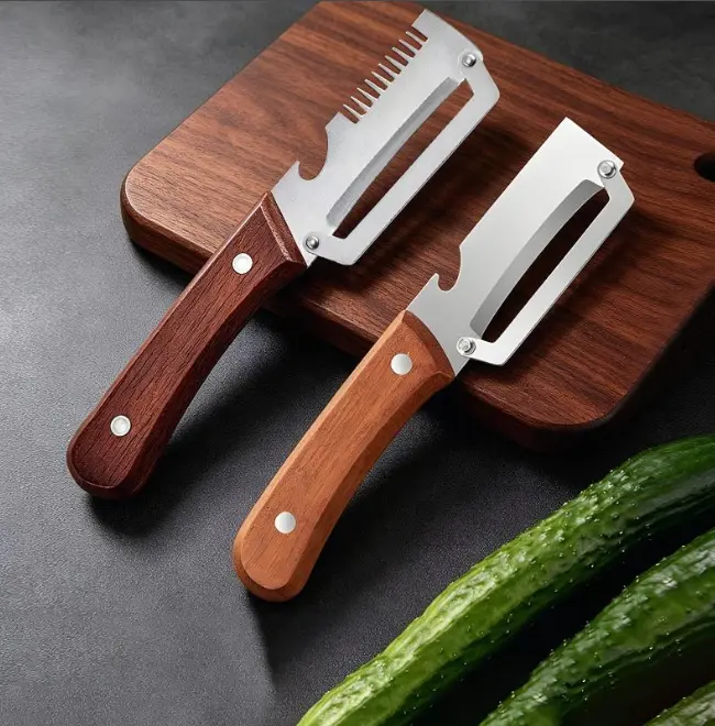 2026 Upgrade Vegetable Peeler and Julienne Peeler Set, Stainless Steel Vegetable Peelers for Kitchen with Wood Handles and Bottle Opener, 2-Pcs Multifunctional Vegetable Peeler Set