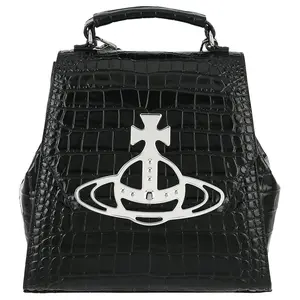 Vivienne Westwood Saturn Logo Design Calfskin Backpack for Women in Black