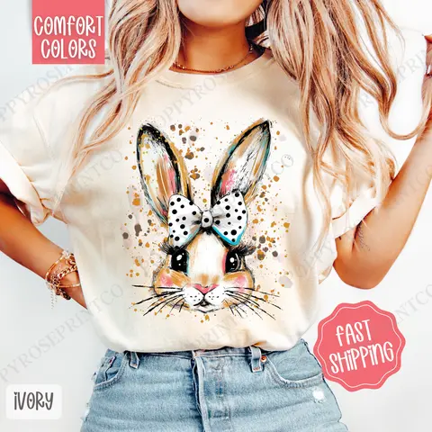 Polka Dot Bow Bunny Shirt Comfort Colors, Easter Tshirt, Trendy Religious Women's Tee, Gift for Her
