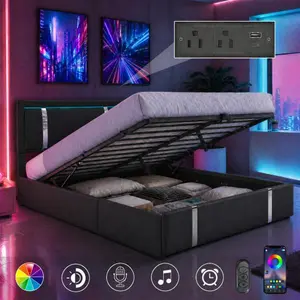 Full Size Lift Up Storage Bed Frame with Adjustable LED Lights Headboard, USB-C Charging Ports, Hydraulic Support, Faux Leather Upholstered Platform Bed, Metal Slats Support, Noise Free, Black