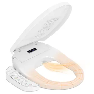 Smart Heated Toilet Seat for Short V-Shaped Toilets – Bidet Warm Water Wash, Self-Cleaning Nozzle, Warm Air Dryer, Deodorizer, Soft-Close Lid, LED Night Light & Touch Panel, Easy Install AS041