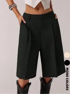 Women's Solid Color Simple Commuter Bermuda Shorts, All Seasons Business Casual Long Pants, Stylish and Comfortable