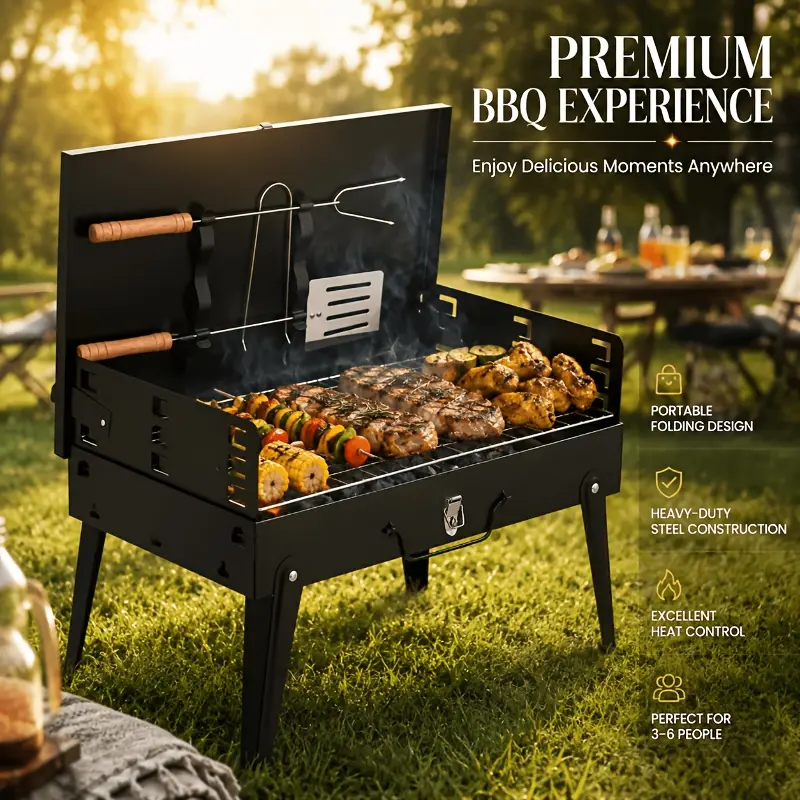 16 Inch Portable Charcoal BBQ Grill Kit - Foldable Compact Camping Grill with Barbecue Tools, Ideal for Backyard, Picnics (Black)