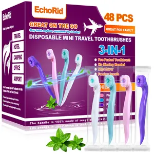 EchoRid 48 Pcs Disposable Compact Soft Oral Travel Toothbrushes, Pre-pasted 3-in-1 Waterless Mint Flavored Heads with Pick, Individually Wrapped, Gum-Gentle, Teeth Whitening Dental Cleaner for Camping, Soft Toothbrush