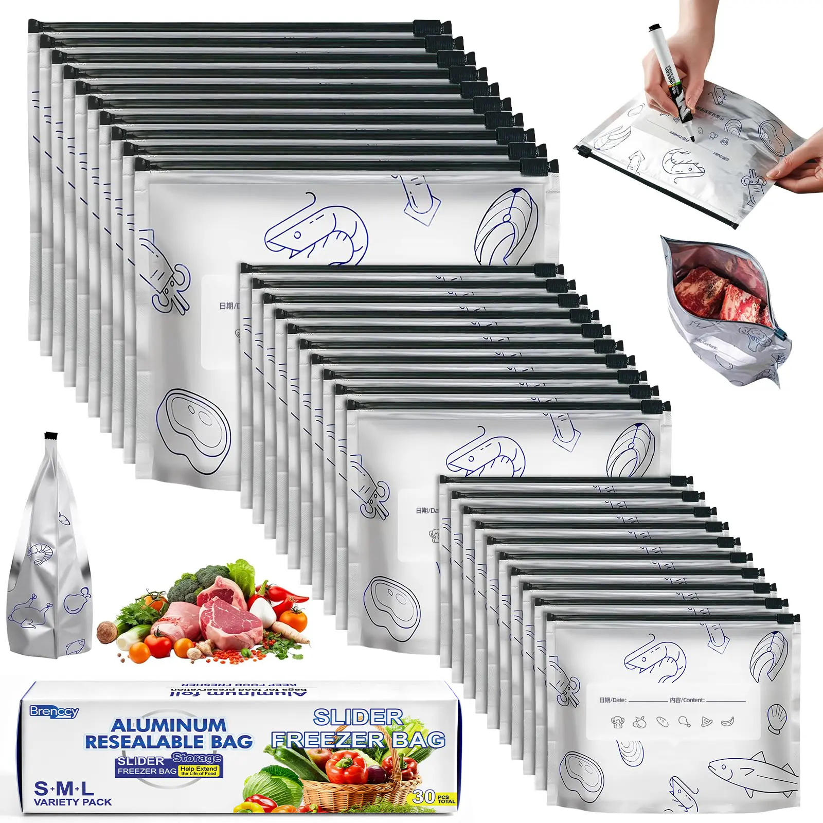 30 PCS Reusable Aluminum Foil Zipper Bags - 3 Sizes Freezer Safe Waterproof Food Storage Bags | Airtight Seal Containers for Meat, Vegetables, Snacks & Kitchen Organization