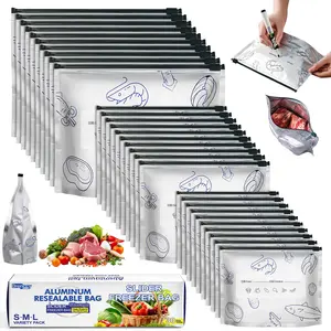 30 PCS Reusable Aluminum Foil Zipper Bags - 3 Sizes Freezer Safe Waterproof Food Storage Bags | Airtight Seal Containers for Meat, Vegetables, Snacks & Kitchen Organization