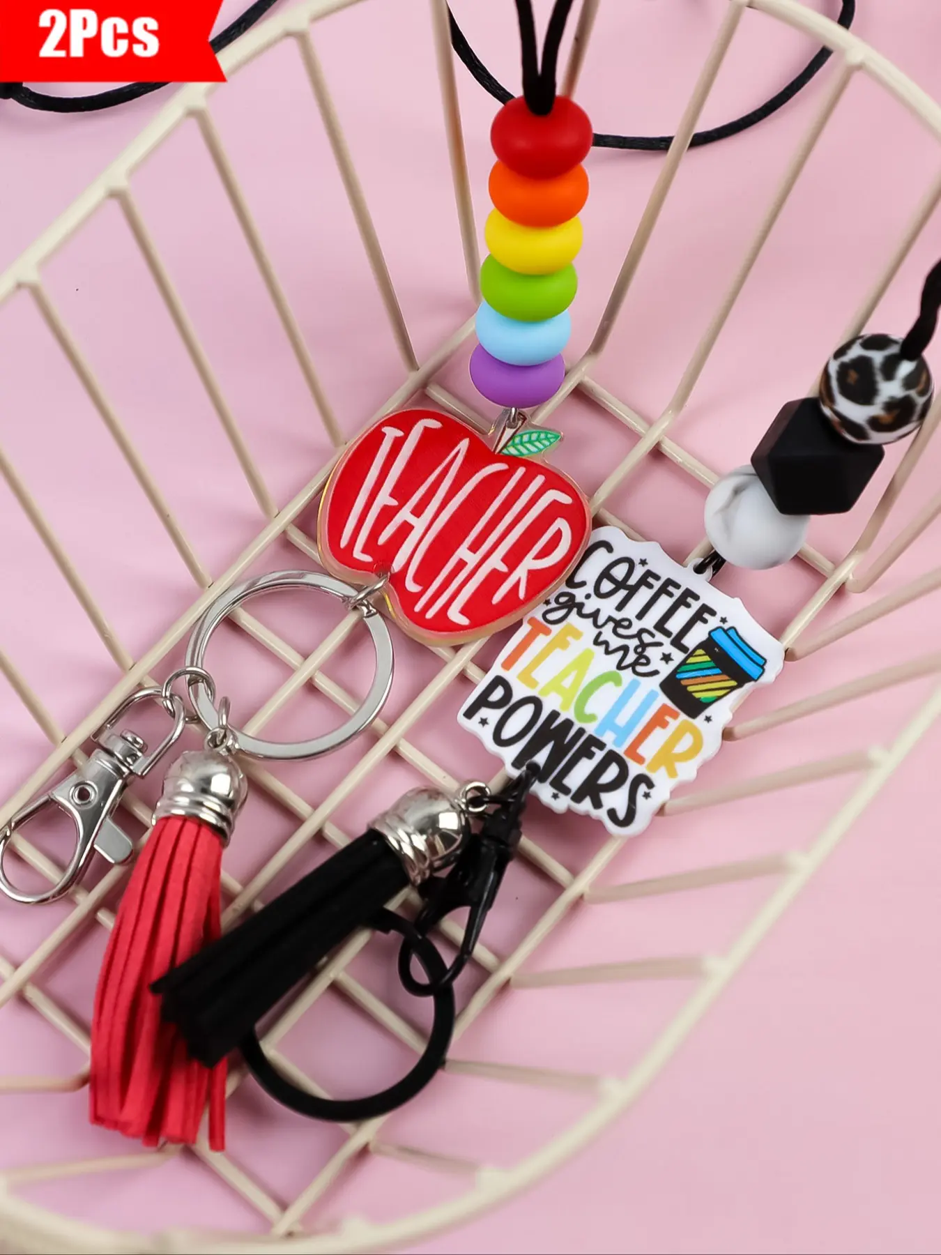 2PCS-Teacher Theme Beaded Keychain Set, Teacher Keychains, Cord with Leopard Beads, Preppy Style, Keychain For Bags, Perfect Gift for Teachers, Back-To-School & Graduation Gifts, Keychain Pendant
