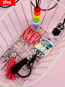 2PCS-Teacher Theme Keychain Set, Cord with Leopard Beads, Preppy Style, Keychain For Bags, Perfect Gift for Teachers, Back-To-School & Graduation Gifts, Keychain Pendant