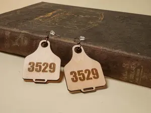 Cow Tag Earrings with Custom Number in Birch Wood