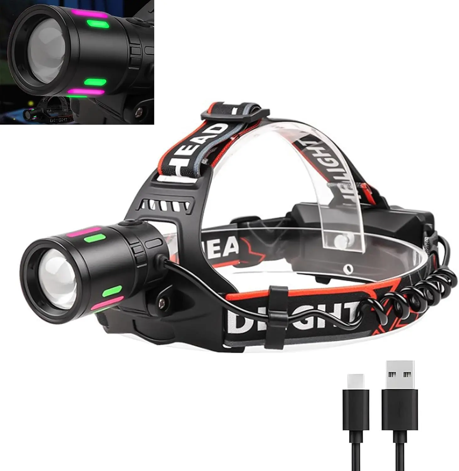 Rechargeable LED Headlamp,Zoomable Head Lamp with Night Vision, Super Bright with 4 Modes & IPX6 Level Waterproof, 90° Adjustable Outdoor Camping, Cycling, Climbing, Home