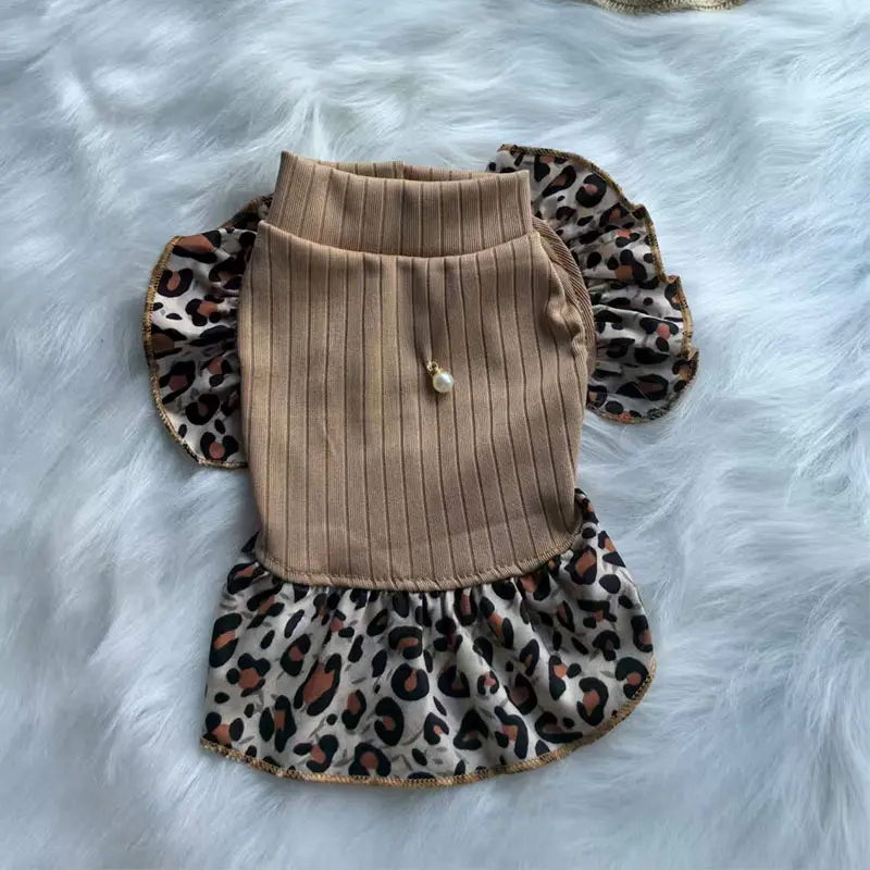 Cute Pet Princess Dress Clothes for Dogs & Cats, Puppy Clothes, Kitten Clothes, Leopard Print High Neck Design, Beaded Decoration, Perfect for Spring Autumn Winter Wear