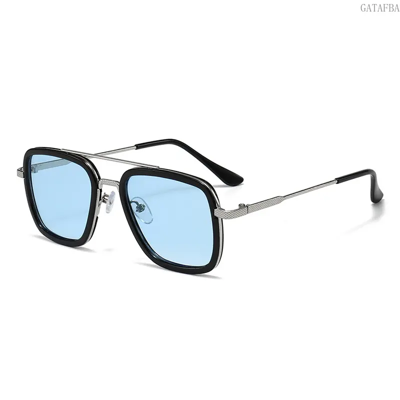Fashionable Square Shape Geometric Cool Streetwear Aviator Sunglasses - Double Bridge, Silver Frame, Black and Grey Lenses for Travel, Daily Outfits, Fashionable Sunglasses, Geometric Sunglasses