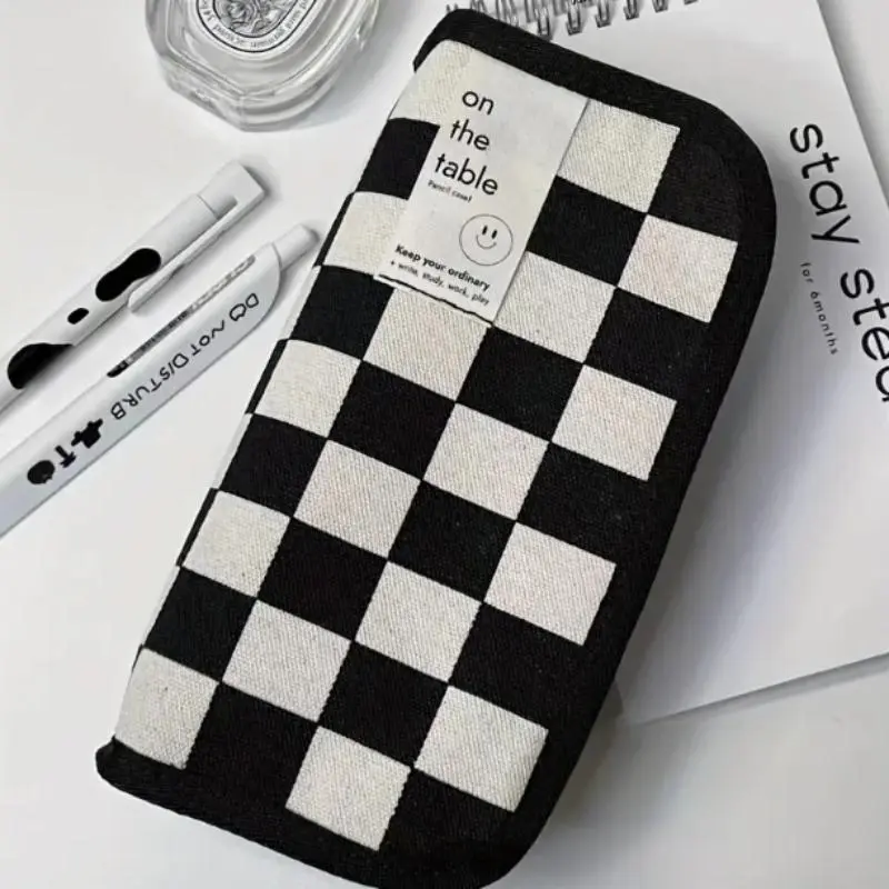 Checkerboard Pattern Pencil Case, 1 Count Large Capacity Stationery Storage Bag, Zipper Pencil Bag, Stationery Storage Organizer for Office & School, Office Supplies, Desk Supplies